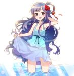  1girl asari_nanami bare_shoulders blue_dress blue_eyes blue_hair blush bracelet commentary_request dress fish_hair_ornament flower hair_flower hair_ornament hair_rings idolmaster idolmaster_cinderella_girls jewelry long_hair looking_at_viewer open_mouth partially_submerged skirt_hold smile solo songmil wading water wet 