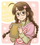  1girl ahoge aopanda bear_hair_ornament book braid brown_hair freckles hair_ornament hairclip happy_birthday idolmaster idolmaster_cinderella_girls okuyama_saori smile solo sweater twin_braids upper_body 