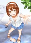  1girl armpit_peek artist_name blouse blush brown_eyes brown_hair casual dated hairband open_mouth puddle sajima_yumi sandals school_girl_strikers short_hair shorts smile solo sunsun69 umbrella 