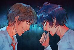  2boys biting black_hair brown_eyes brown_hair death_note l_(death_note) multiple_boys nail nakanoart necktie red_eyes shirt short_hair smile thumb_biting white_shirt yagami_light 