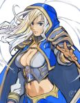  1girl blonde_hair blue_eyes breasts bustier cleavage jaina_proudmoore john_crayton large_breasts lips long_hair midriff navel outstretched_hand solo warcraft 