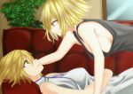  2girls absurdres blonde_hair breasts couch fate/grand_order fate_(series) girl_on_top green_eyes highres jeanne_alter large_breasts lips looking_at_another lying multiple_girls no_bra on_back ruler_(fate/apocrypha) ruler_(fate/grand_order) shinyoujurin short_hair sideboob smile yellow_eyes yuri 