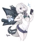  &gt;:p 1girl :p alternate_costume blush breasts cellphone commentary_request fig_sign goekawa kantai_collection looking_at_viewer o-ring_top one_eye_closed open_clothes open_shirt phone re-class_battleship saliva scarf school_uniform shinkaisei-kan shirt short_hair small_breasts smartphone solo tail tongue tongue_out twitter_username violet_eyes white_hair white_skin 
