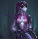  1girl aionlights arm_tattoo blue_skin breasts cleavage expressionless gloves gun head_mounted_display lipstick makeup medium_breasts overwatch pauldrons ponytail purple_hair rifle signature sniper_rifle solo tattoo watermark weapon web_address widowmaker_(overwatch) yellow_eyes 