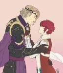  1boy 1girl 2016 armor blonde_hair cape circlet fire_emblem fire_emblem_if gloves half_gloves hand_on_hip hinoka_(fire_emblem_if) incipient_kiss looking_at_another marx_(fire_emblem_if) parted_lips pink_background red_gloves redhead short_hair sideburns signature simple_background upper_body wavy_hair 