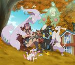 1girl animal animal_on_lap autumn bare_shoulders black_boots blue_sky boots brown_hair building clouds danzilla dark_skin from_below goodra jewelry lipstick long_hair luxray makeup mienshao multicolored_hair necklace one_eye_closed outdoors poke_ball pokemon pokemon_(creature) purple_hair reuniclus shorts sitting sky slime sylveon tree umbreon very_long_hair 