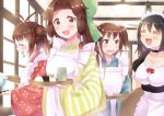  4girls :d =_= alternate_costume alternate_hairstyle alternate_headwear antenna_hair apron black_hair brown_hair closed_eyes commentary_request double_bun enmaided from_side green_tea holding_tray japanese_clothes jintsuu_(kantai_collection) kantai_collection long_hair maid maid_apron maid_headdress multiple_girls nagato_(kantai_collection) naka_(kantai_collection) open_mouth sakura_ayane seiyuu_connection sendai_(kantai_collection) short_hair smile tea tonari_no_kai_keruberosu two_side_up wa_maid waist_apron yellow_eyes yunomi 