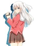  1girl baretto_(karasi07) black_skirt blue_eyes camcorder camera charlotte_(anime) hair_ornament holding long_hair looking_at_viewer pleated_skirt school_uniform silver_hair simple_background skirt solo tomori_nao white_background 