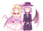  2girls ^_^ asymmetrical_hair bare_shoulders bat_wings black_hat black_jacket black_pants blonde_hair blush bouquet bow buttons closed_eyes closed_mouth collarbone collared_shirt cowboy_shot demon_wings dress fedora flandre_scarlet flower hands_in_pockets hat hat_bow heart holding holding_flower jacket lavender_hair long_hair minust multiple_girls necktie pants pink_bow pink_rose red_bow red_necktie remilia_scarlet rose see-through shirt short_hair side_ponytail simple_background smile standing strapless strapless_dress touhou veil wedding_dress white_background white_dress white_shirt wing_collar wings 
