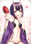  1girl alcohol eyebrows eyebrows_visible_through_hair fangs fate/grand_order fate_(series) hand_on_own_cheek heart highres horns japanese_clothes kimono navel ntk_(7t5) oni open_mouth purple_hair sakazuki sake shuten_douji_(fate/grand_order) solo violet_eyes 