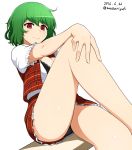  1girl 2016 bangs bare_legs black_bra black_panties bra breasts closed_mouth dated eyebrows eyebrows_visible_through_hair fingernails frilled_skirt frilled_sleeves frills green_hair hand_on_own_knee kazami_yuuka lace-trimmed_bra looking_at_viewer mattari_yufi medium_breasts miniskirt open_clothes open_vest outstretched_arm panties pantyshot pantyshot_(sitting) plaid plaid_skirt plaid_vest puffy_short_sleeves puffy_sleeves red_eyes red_skirt red_vest shirt short_hair short_sleeves sitting skirt smile solo touhou twitter_username underwear upskirt vest white_background white_shirt 