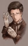  1boy artist_name black_hair bow bowtie food_fighter_441 glasses gloves grey_background hein_(kof) highres portrait simple_background solo the_king_of_fighters the_king_of_fighters_xiv traditional_media yellow_eyes 