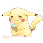  asyuaffw blush commentary_request crying crying_with_eyes_open food highres ice_cream ice_cream_cone ice_cream_cone_spill no_humans pikachu pokemon pokemon_(creature) sad simple_background tears wavy_mouth white_background 