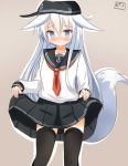  1girl black_legwear blue_eyes grey_eyes hibiki_(kantai_collection) highres kantai_collection kemonomimi_mode long_hair pinoaisu school_uniform serafuku silver_hair solo tail white_hair 