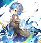  &gt;:t 1girl :t apron blue_eyes blue_hair bow chain detached_sleeves dress frilled_sleeves frills from_side hair_ornament leaning_forward lino-lin looking_at_viewer maid maid_headdress pout re:zero_kara_hajimeru_isekai_seikatsu rem_(re:zero) ribbon-trimmed_sleeves ribbon_trim short_hair sketch solo x_hair_ornament 