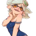  +_+ 1girl alternate_costume bare_shoulders blush collarbone domino_mask earrings eyebrows fang food food_on_head hat honcha hotaru_(splatoon) jewelry looking_at_viewer mask mole mole_under_eye object_on_head one-piece_swimsuit one-piece_tan open_mouth pointy_ears school_swimsuit short_hair silver_hair simple_background solo splatoon strap_slip swimsuit symbol-shaped_pupils tan tanline tentacle_hair tentacles thick_eyebrows white_background 