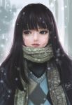  1girl absurdres bangs black_eyes blunt_bangs commentary_request craelle highres lips mouth outdoors photo_reference portrait scarf solo vest 