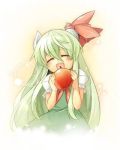  1girl :d ^_^ apple blush closed_eyes commentary_request dress ex-keine food fruit green_dress green_hair horn_ribbon horns kamishirasawa_keine kokka_han long_hair looking_at_viewer lowres open_mouth puffy_short_sleeves puffy_sleeves red_ribbon ribbon short_sleeves smile solo sparkle touhou upper_body younger 