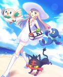  1girl bag beach bird blonde_hair blush braid cat dress green_eyes hat highres lillie_(pokemon) litten_(pokemon) long_hair mugi_(iccomae) open_mouth owl pokemon pokemon_(creature) pokemon_(game) pokemon_sm popplio puni-chan rowlet seal sleeveless sleeveless_dress smile sun_hat twin_braids white_dress zygarde zygarde_core 