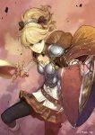  1girl artist_name black_legwear blonde_hair boots breastplate cape closed_mouth green_eyes gwen_(toukiden) hair_ribbon hidari_(left_side) holding holding_sword holding_weapon looking_at_viewer official_art pantyhose plaid plaid_ribbon plaid_skirt pleated_skirt ribbon shield skirt solo sword toukiden_2 watermark weapon 
