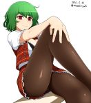  1girl 2016 bangs bare_arms black_bra bra breasts brown_legwear closed_mouth dated eyebrows eyebrows_visible_through_hair eyelashes fingernails frilled_skirt frilled_sleeves frills green_hair hand_on_own_knee kazami_yuuka lace-trimmed_bra looking_at_viewer mattari_yufi medium_breasts miniskirt open_clothes open_vest outstretched_arm pantyhose plaid plaid_skirt plaid_vest puffy_short_sleeves puffy_sleeves red_eyes red_skirt red_vest shiny shiny_clothes shirt short_hair short_sleeves sitting skirt skirt_set smile solo spread_wings touhou twitter_username underwear upskirt vest white_background white_shirt 