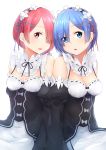  2girls absurdres akky_(akimi1127) blue_eyes blue_hair bow breasts cleavage detached_collar detached_sleeves dress hair_ornament hair_over_one_eye highres looking_at_viewer maid maid_headdress medium_breasts multiple_girls open_mouth pink_eyes pink_hair ram_(re:zero) re:zero_kara_hajimeru_isekai_seikatsu rem_(re:zero) ribbon-trimmed_clothes ribbon-trimmed_collar ribbon-trimmed_sleeves ribbon_trim short_hair siblings side-by-side simple_background sisters tareme twins underbust upper_body white_background x_hair_ornament 