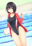  1girl black_hair clipboard competition_swimsuit d: highres jacket kurokami_(kurokaminohito) lane_line one-piece_swimsuit open_mouth open_track_jacket original poolside short_hair solo stopwatch swimsuit track_jacket watch yellow_eyes 