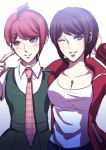  2girls alternate_hairstyle asahina_aoi blue_eyes blush breasts brown_hair cleavage collarbone dangan_ronpa dangan_ronpa_1 freckles hair_ornament hairclip hairstyle_switch jacket koizumi_mahiru multiple_girls necktie one_eye_closed redhead short_hair smile super_dangan_ronpa_2 z-epto_(chat-noir86) 