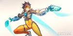  1girl aguy bodysuit bomber_jacket brown_eyes brown_hair gloves goggles jacket overwatch short_hair solo spiky_hair tracer_(overwatch) weapon 
