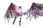  1girl _129a arm_cannon asymmetrical_wings bandaged_arm bangs black_hair black_legwear black_wings bow breasts cape_removed collared_shirt energy expressionless frilled_skirt frills green_skirt hair_bow highres kneehighs large_breasts large_wings light_trail looking_at_viewer metal_boots miniskirt outstretched_arm red_eyes reiuji_utsuho shirt short_sleeves simple_background single_boot single_kneehigh single_thighhigh skirt solo thigh-highs third_eye touhou weapon white_background white_shirt wings 