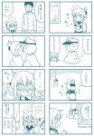  &gt;_&lt; 1boy 1girl 4koma admiral_(kantai_collection) arms_behind_back blush chair closed_eyes closed_mouth comic commentary_request flying_sweatdrops folded_ponytail harunatsu_akito hat inazuma_(kantai_collection) kantai_collection long_sleeves military military_uniform monochrome multiple_4koma nanodesu_(phrase) nose_blush peaked_cap pleated_skirt ponytail school_uniform serafuku sitting skirt smile teruterubouzu translated uniform wavy_mouth 