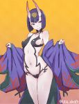  1girl breasts eyebrows eyebrows_visible_through_hair fate/grand_order fate_(series) highres horns japanese_clothes kimono looking_at_viewer navel off_shoulder oni oni_horns open_clothes open_kimono purple_hair short_hair shuten_douji_(fate/grand_order) sideboob simple_background smile solo utu_(ldnsft) violet_eyes 