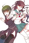  2girls ahoge brown_eyes brown_hair cosplay costume_switch dangan_ronpa fukawa_touko glasses green_hair long_hair megaphone multiple_girls naegi_komaru one_eye_closed open_mouth scar school_uniform scissors serafuku short_hair skirt smile thigh-highs tongue tongue_out z-epto_(chat-noir86) zettai_zetsubou_shoujo 