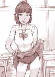  1girl :d bow bowtie classroom commentary_request monochrome open_mouth original school_uniform short_hair shorts_under_skirt sketch skirt skirt_lift sleeves_rolled_up smile solo tan tanline ueyama_michirou 