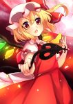  1girl absurdres ascot blonde_hair bow flandre_scarlet hat hat_bow highres laevatein mob_cap moon open_mouth red_eyes red_moon ruhika side_ponytail solo touhou wings 