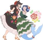  2girls animal_ears bangle black_hair blue_eyes blue_hair bracelet commentary drill_hair fish_tail flower full_body hair_flower hair_ornament head_fins high_heels imaizumi_kagerou jewelry layered_skirt mefomefo mermaid mexican_dress monster_girl multiple_girls open_mouth red_eyes shawl shoes short_hair short_sleeves simple_background skirt_hold touhou wakasagihime white_background wolf_ears 