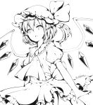  1girl ascot bat_wings bow collar commentary_request crystal egret flandre_scarlet frilled_collar frilled_skirt frills hat hat_bow hat_ribbon highres mob_cap monochrome open_mouth puffy_short_sleeves puffy_sleeves ribbon short_sleeves side_ponytail skirt solo touhou wings 