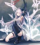  1girl :o armpits arms_up asymmetrical_footwear black_boots black_gloves blue_eyes boots braid breasts butterfly demon_horns elbow_gloves full_body gloves granblue_fantasy hair_ornament hair_over_one_eye holding holding_sword holding_weapon horns knee_boots knee_up large_breasts lavender_hair long_hair looking_at_viewer narumeia_(granblue_fantasy) noconol one_eye_covered one_knee pointy_ears sideboob single_thighhigh sketch sleeveless solo sword tassel thigh-highs thigh_boots thigh_strap unsheathed weapon 