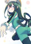  1girl 3: ass asui_tsuyu bangs belt black_hair blue_eyes blush bodysuit boku_no_hero_academia boots bow_by_hair bracer breasts circle closed_mouth eyelashes gloves goggles goggles_on_head green_hair hair_between_eyes hair_rings large_breasts long_hair long_sleeves long_tongue looking_at_viewer looking_back low-tied_long_hair pantylines rain skin_tight solo tongue tongue_out white_background white_gloves yamucha 