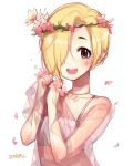  1girl bags_under_eyes bare_shoulders blonde_hair blush brown_eyes collarbone commentary_request ear_piercing earrings face flower hair_flower hair_ornament hair_over_one_eye head_wreath idolmaster idolmaster_cinderella_girls jewelry looking_at_viewer necklace open_mouth piercing see-through shirasaka_koume short_hair simple_background sleeves_past_wrists smile solo songmil upper_body white_background 