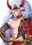  1boy abs highres male_focus samurai scar seven_knights simple_background solo white_background white_hair winter_(winter168883) yellow_eyes 