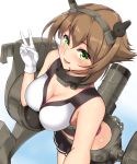  1girl :d bangs blue_background blush breasts brown_hair chain cleavage cowboy_shot eyebrows eyebrows_visible_through_hair eyelashes from_above gloves green_eyes hair_between_eyes hairband headband headgear highres kantai_collection large_breasts looking_at_viewer machinery midriff miniskirt monoku mutsu_(kantai_collection) open_mouth outstretched_arm radio_antenna self_shot shiny shiny_skin short_hair skirt sleeveless smile solo v white_background white_gloves 