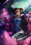  1girl arms_up bangs bodysuit breasts brown_eyes brown_hair cockpit covered_navel d.va_(overwatch) facial_mark gloves headphones looking_at_viewer mecha meka_(overwatch) nose overwatch pilot_suit skin_tight small_breasts smile solo swept_bangs upper_body whisker_markings white_gloves yume_ou 