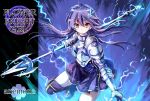  1girl anemone_(flower_knight_girl) armor armored_dress character_name copyright_name cowboy_shot electricity expressionless floating_hair flower flower_knight_girl gauntlets hair_flower hair_ornament hairclip highres kumakou long_hair looking_at_viewer metal_gloves polearm purple purple_hair purple_legwear purple_skirt red_eyes skirt solo spear thigh-highs weapon 