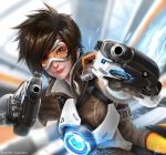  1girl aiming_at_viewer brown_hair dual_wielding goggles gun handgun looking_at_viewer overwatch ridwan_chandra_choa short_hair smile solo tracer_(overwatch) upper_body weapon 