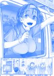  :d \o/ ^_^ arms_up breast_rest breasts bus cheering closed_eyes collared_shirt comic commentary_request gloves ground_vehicle hachimaki hair_ornament hair_over_shoulder hair_scrunchie headband himura_kiseki large_breasts long_hair microphone monochrome motor_vehicle open_mouth open_window original outstretched_arm outstretched_arms ponytail poster_(object) scrunchie shirt short_sleeves silent_comic smile sweat teeth television translated visor_cap window 