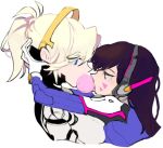  2girls asymmetrical_docking blonde_hair blue_eyes bodysuit breast_press breasts brown_eyes brown_hair bubble_blowing bubblegum d.va_(overwatch) eyebrows eyebrows_visible_through_hair from_side gloves gum hand_on_another&#039;s_head headgear headphones high_collar hug large_breasts long_hair mechanical_halo mercy_(overwatch) multiple_girls mwo_imma_hwag overwatch pauldrons pilot_suit ponytail profile shoulder_pads simple_background turtleneck upper_body whisker_markings white_background white_gloves yuri 
