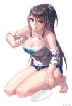  1girl aken bangs barefoot black_hair blue_shorts breasts cleavage collarbone downblouse drawstring dungeon_and_fighter eyebrows eyebrows_visible_through_hair eyelashes fan fingernails full_body heart holding_fan hot kneehighs large_breasts long_fingernails long_hair looking_at_viewer no_bra open_mouth paper_fan ponytail print_shirt pulled_by_self shiny shiny_skin shirt shirt_pull short_shorts shorts shoulder_cutout sidelocks simple_background sleeves_pushed_up solo swept_bangs toenails toes tongue twitter_username uchiwa very_long_hair white_background 