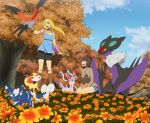  2girls armband blonde_hair blue_sky boots brown_hair clouds danzilla fennekin flower forest jewelry looking_at_another looking_up meowstic multiple_girls nature necklace noivern pokemon pokemon_(creature) pumpkaboo ribbed_sweater short_hair sitting sky sweater sylveon talonflame tree wind 