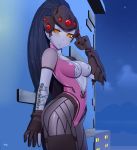  1girl black_hair blue_skin braid breasts earrings from_side jewelry kuroonehalf large_breasts latex long_hair looking_at_viewer overwatch parted_lips signature sky skyline solo star_(sky) starry_sky widowmaker_(overwatch) yellow_eyes 